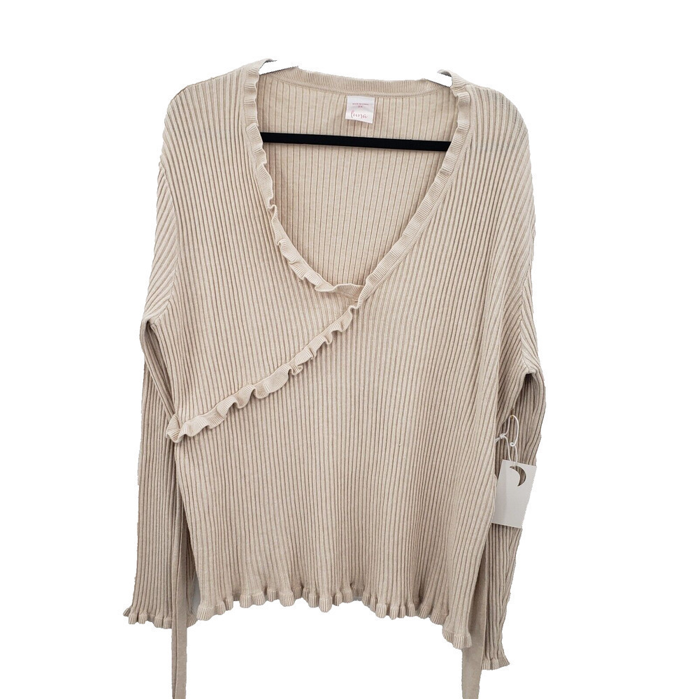 Luna Beige Tie Back Sweater Womens Size 3x Ruffle Accent Long Sleeve Ribbed